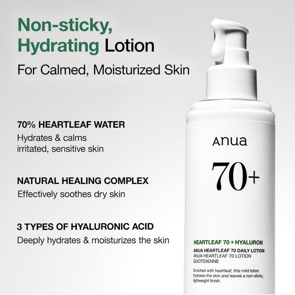 Anua Heartleaf 70 Daily Lotion Lightweight Moisturizer with Hyaluronic Acid for Dry, Acne-Prone Skin