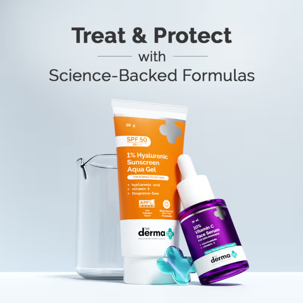 The Derma Co Hyaluronic Sunscreen & Vitamin C Serum Combo SPF 50+ for All Skin Types, Glowing Skin