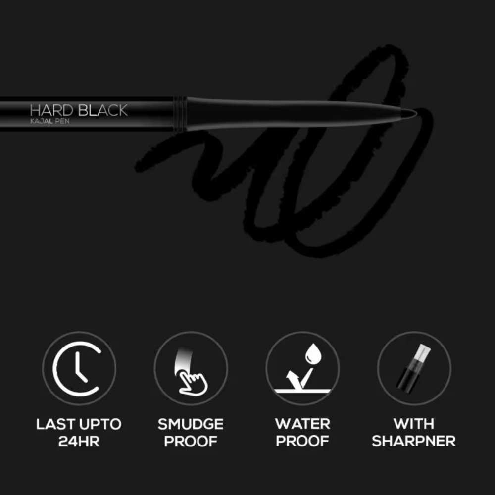 RENEE Hard Black Smudge-Proof & Waterproof Kajal Pen With Sharpener, Long-Lasting Up To 24 Hours