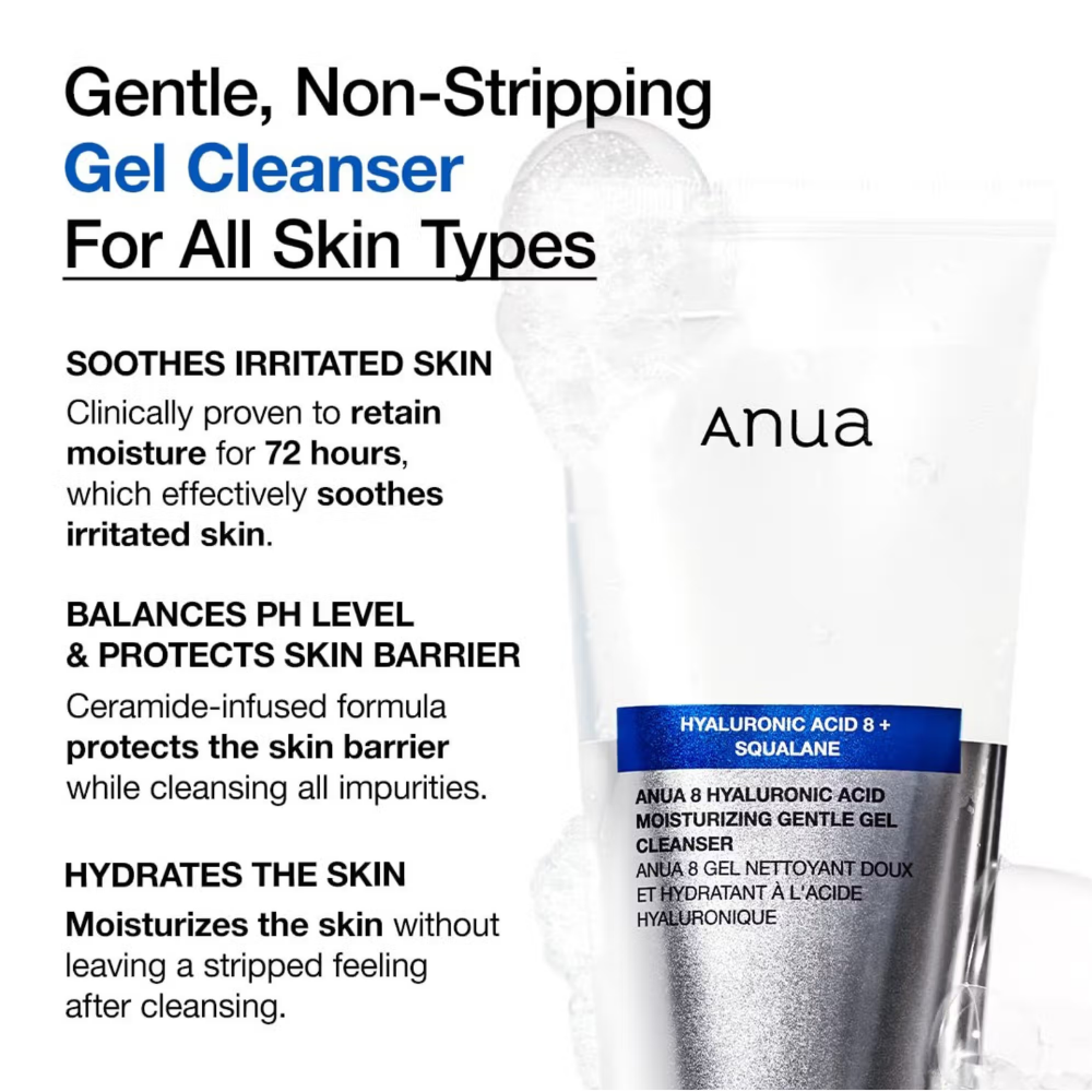 Anua 8 Hyaluronic Acid Moisturizing Gentle Gel Cleanser with Ceramides For Soft Skin, pH Balanced