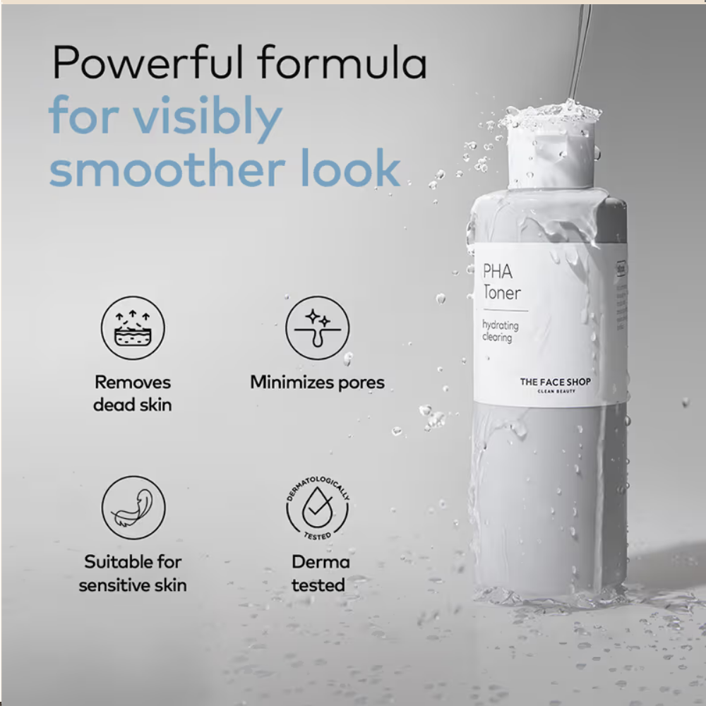 The Face Shop PHA Toner with Hyaluronic Acid – Liquid Exfoliant & Hydrates Skin to Improve Texture