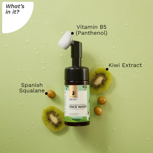 PILGRIM Spanish Squalane foaming face wash with Kiwi extracts & Aloe for skin hydration|Face wash with brush