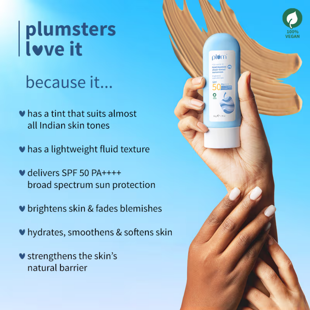 Plum Rice Water & 3% Niacinamide Sheer Tinted Sunscreen With SPF 50 PA++++, For Oily ToDrySkin