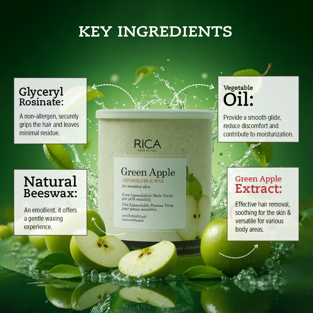 Rica Green Apple Liposoluble Wax For Sensitive Skin With Glyceryl Rosinate & Natural Beeswax