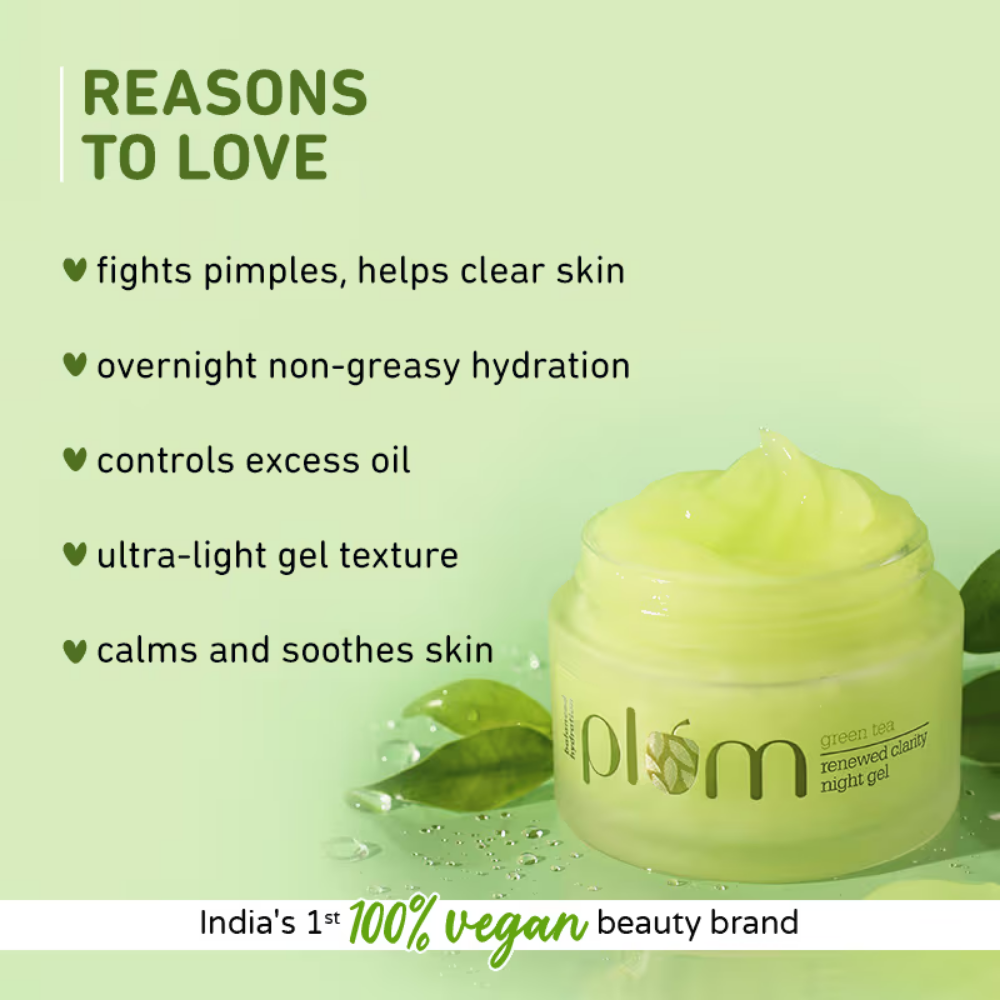 Plum Green Tea Night Gel Cream With Glycolic Acid, Fights Acne For Clear,Oil-Free,YouthfulSkin
