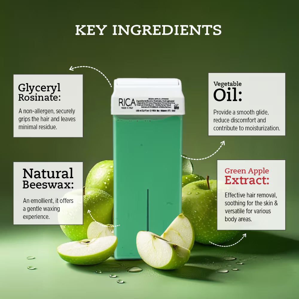 Rica Green Apple Liposoluable Wax Refill For Sensitive Skin With Glyceryl Rosinate & Beeswax