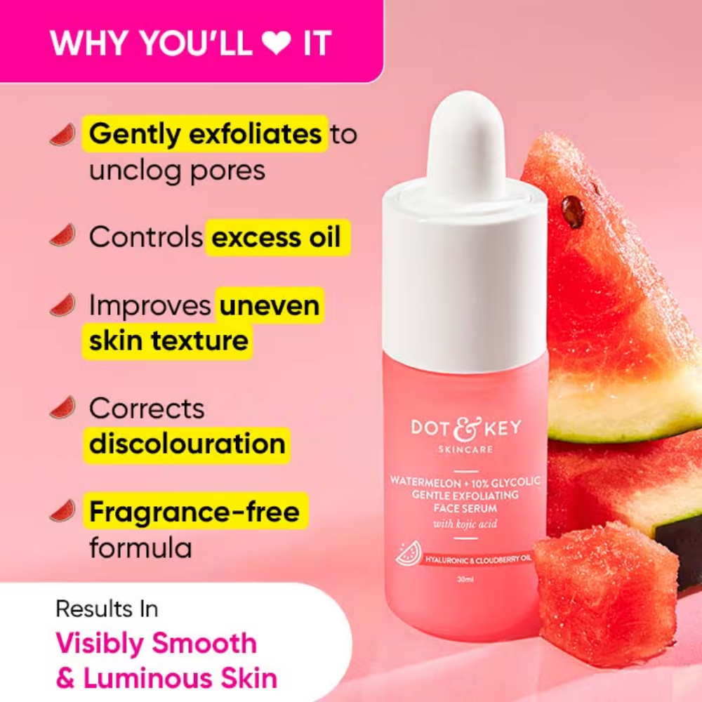 Dot & Key Watermelon + 10% Glycolic Gentle Exfoliating Face Serum, With Kojic, Controls Excess Oil
