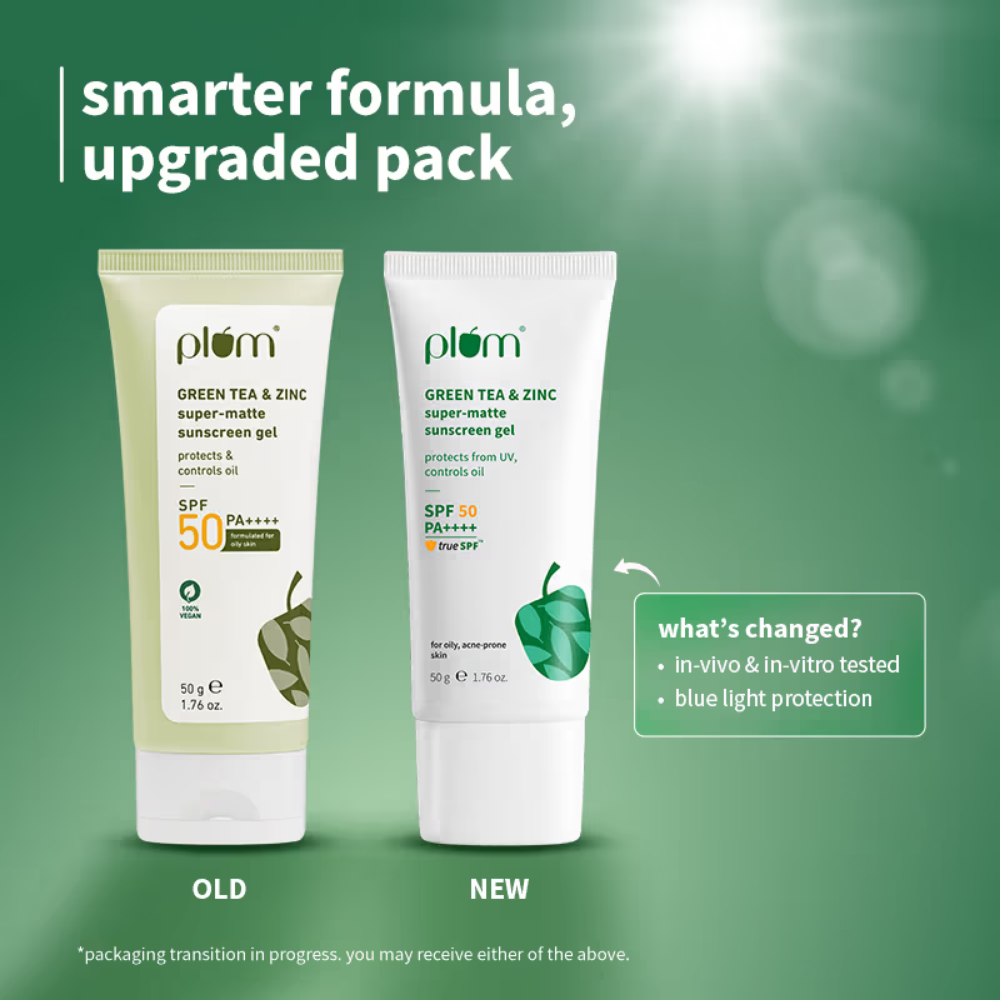 Plum Green Tea & Zinc Super-Matte SPF 50 Sunscreen Gel For Oily, Combination Skin, No White Cast