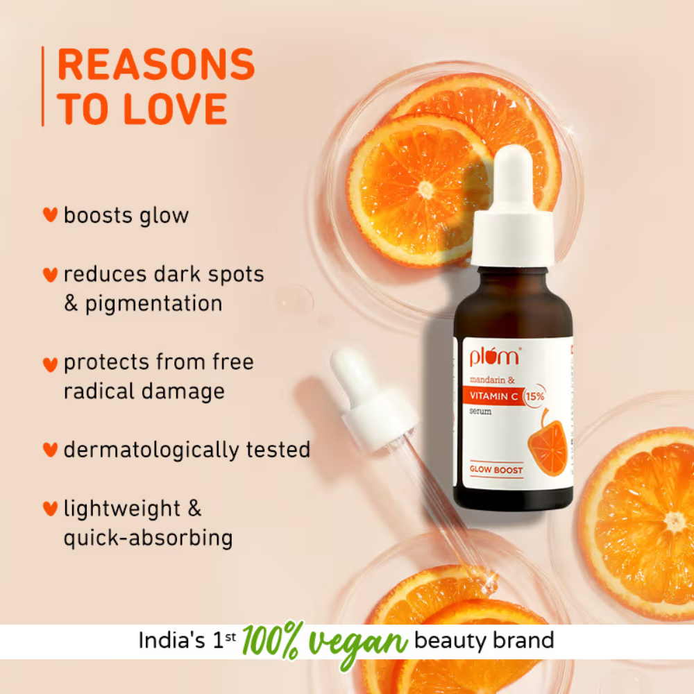 Plum Mandarin & 15% Vitamin C Glow Face Serum Dermat Tested To Fight Dark Spots & Dull Skin