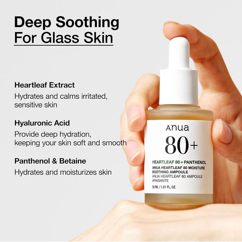Anua Heartleaf 80 Moisture Soothing Ampoule with Hyaluronic Acid, Hydrates & Reduces Redness