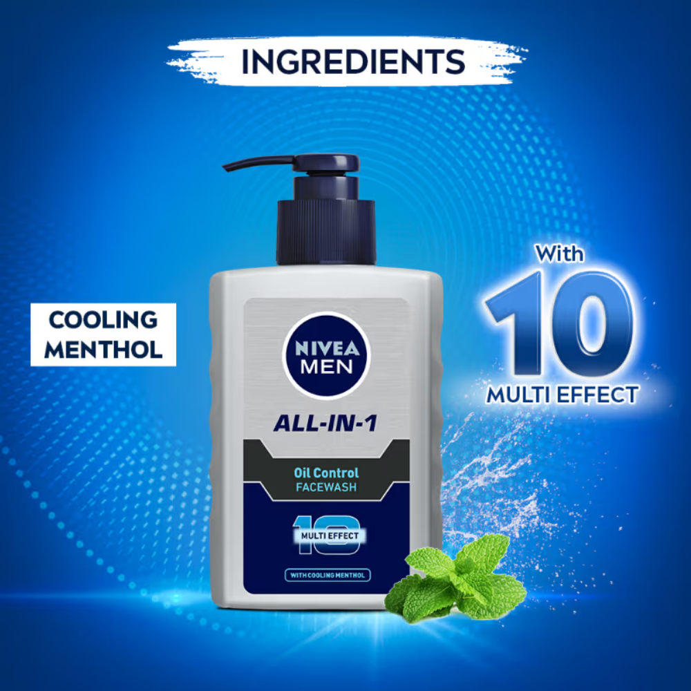 NIVEA MEN All-IN-1 Oil Control Face Wash with 10x Multi Effect With Clooing MENthol