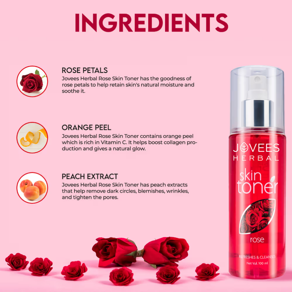 Jovees Herbal Rose Skin Toner For Youthful Skin, Tightens Pores, Healthy Glow 100% Natural
