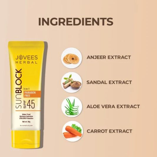 Jovees Herbal Sun Block Sunscreen SPF 45 For Normal To Dry Skin UVA/UVB Protection, Moisturization