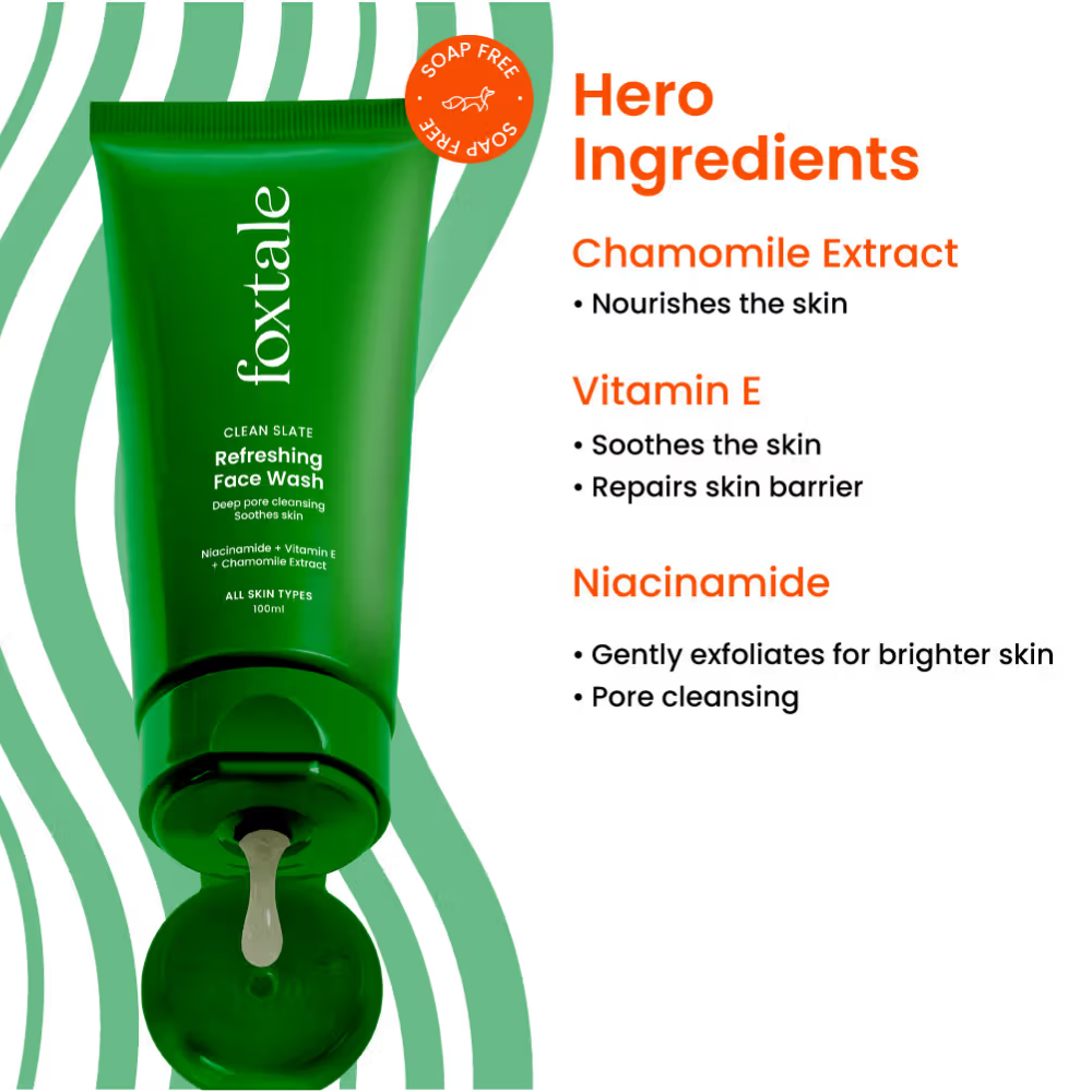 Foxtale Refreshing Face Wash with Niacinamide & Vitamin E, Deeply Cleans Pores and Soothes Skin