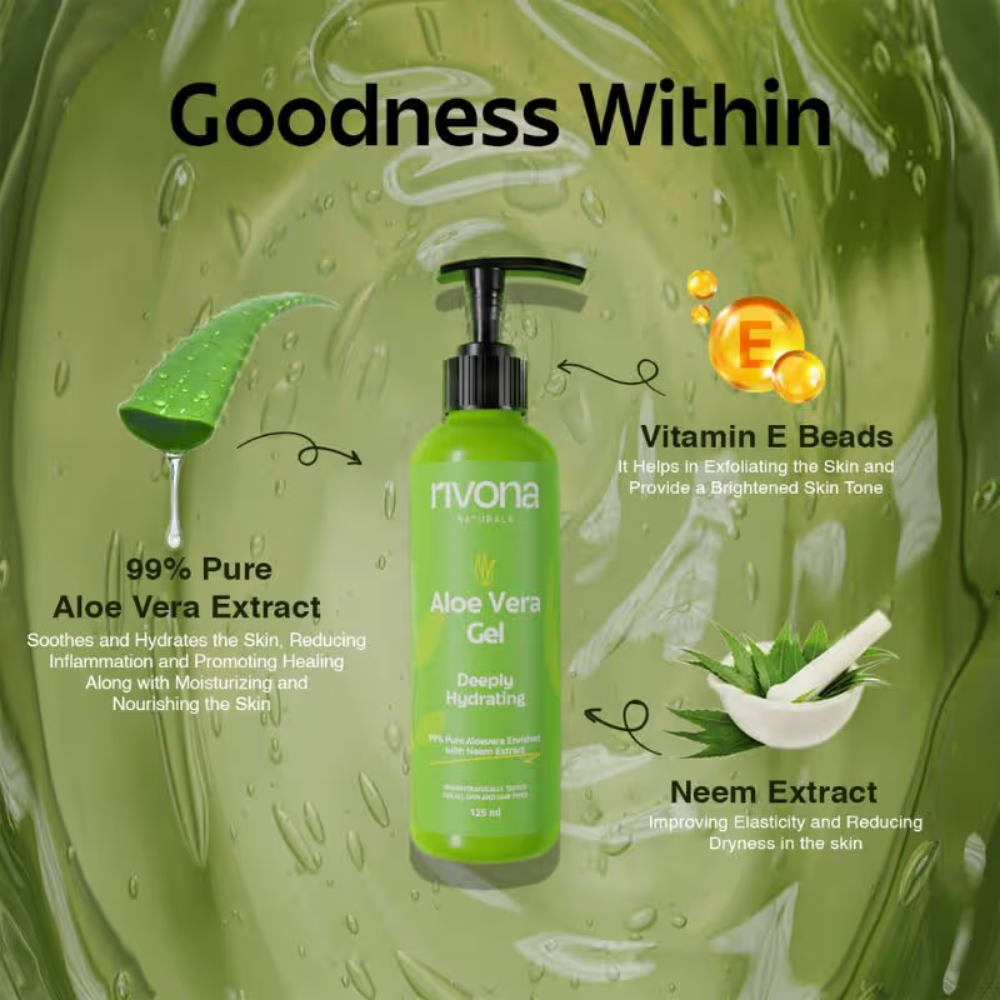 Rivona Naturals 99% Pure Aloe Vera Gel For Face, Hair And Body - Hydrates And Repairs Damaged Skin