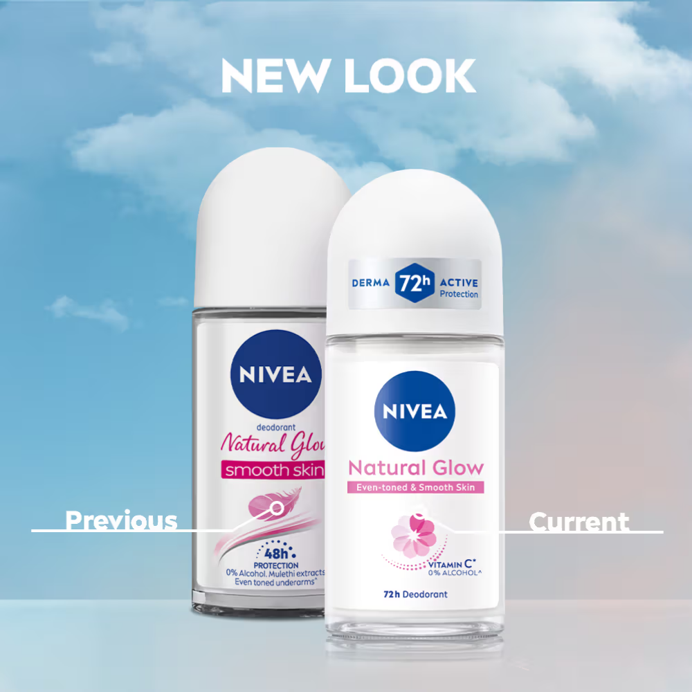 NIVEA Natural Glow Even Toned Vit C & 0% Alcohol Deo Underarm Roll On 72Hr Active Protection
