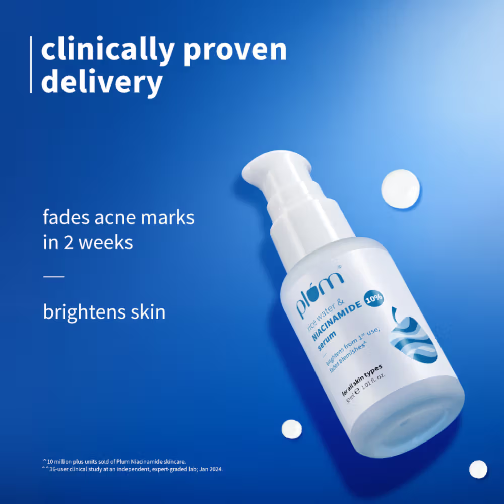 Plum 10% Niacinamide Brightening Face Serum with Rice Water, Fades Acne Marks, for Oily to Dry Skin