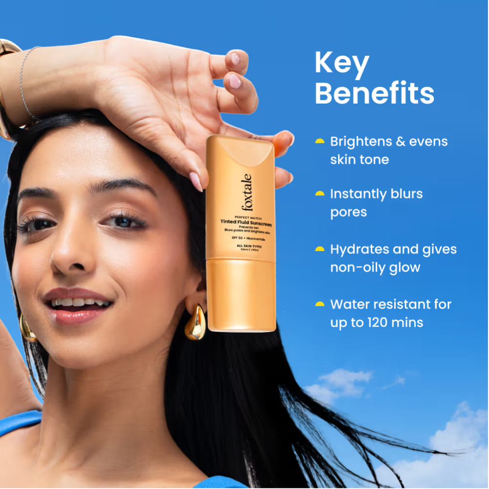Foxtale SPF 50 PA+++ Tinted Fluid Sunscreen, Blurs Pores & Evens Skin Tone