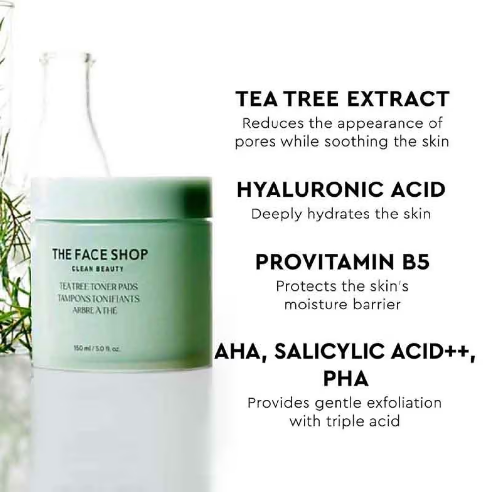 The Face Shop Tea Tree Korean Toner Pads with AHA, Salicylic Acid (BHA) & PHA for Acne & Oily Skin