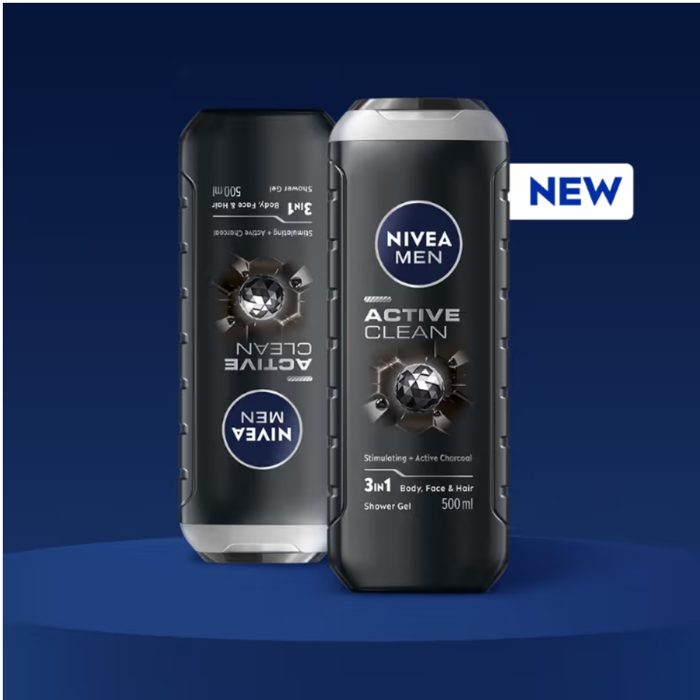 NIVEA MEN Body Wash, Active Clean with Active Charcoal, Shower Gel for Body, Face & Hair