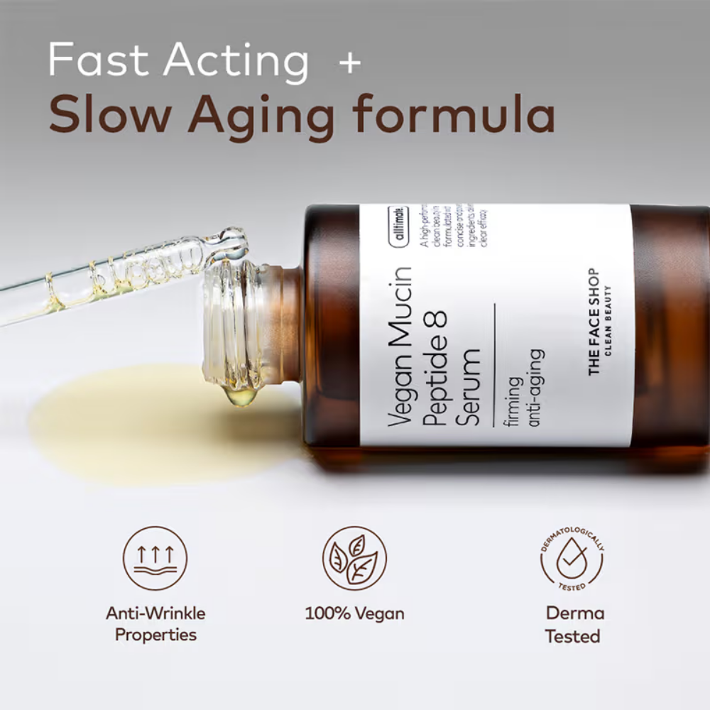 The Face Shop Alltimate Vegan Mucin Peptide 8 Serum - No Snails, Korean, Anti Aging, Hydrating