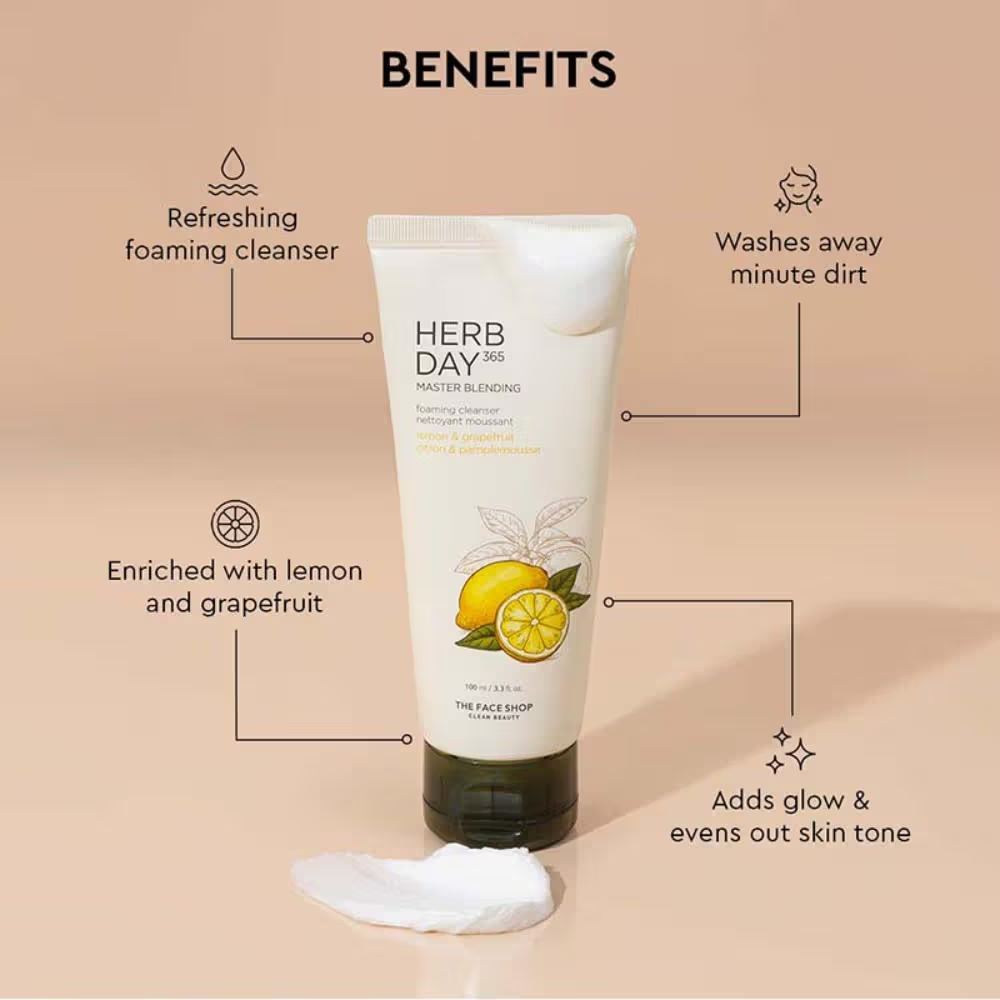 The Face Shop Herb Day 365 Cleanser - Korean Brightening Face Wash with Vitamin C for Oily Skin