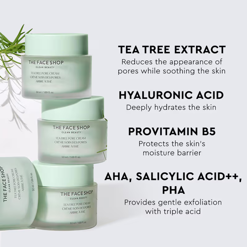 The Face Shop Tea Tree Pore Cream - Korean Moisturizer with AHA, Salicylic Acid (BHA) & PHA for Acne