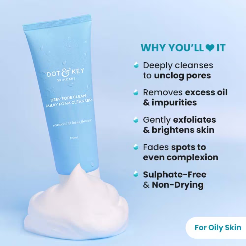 Dot & Key Deep Pore Clean Facial Foam Cleanser, With Seaweed & Lotus Flower