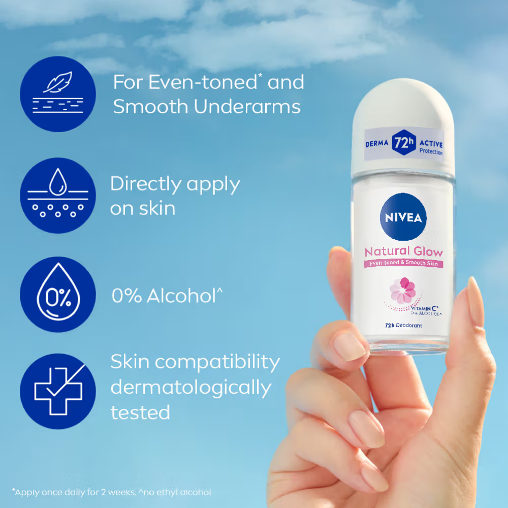 NIVEA Natural Glow Even Toned Vit C & 0% Alcohol Deo Underarm Roll On 72Hr Active Protection