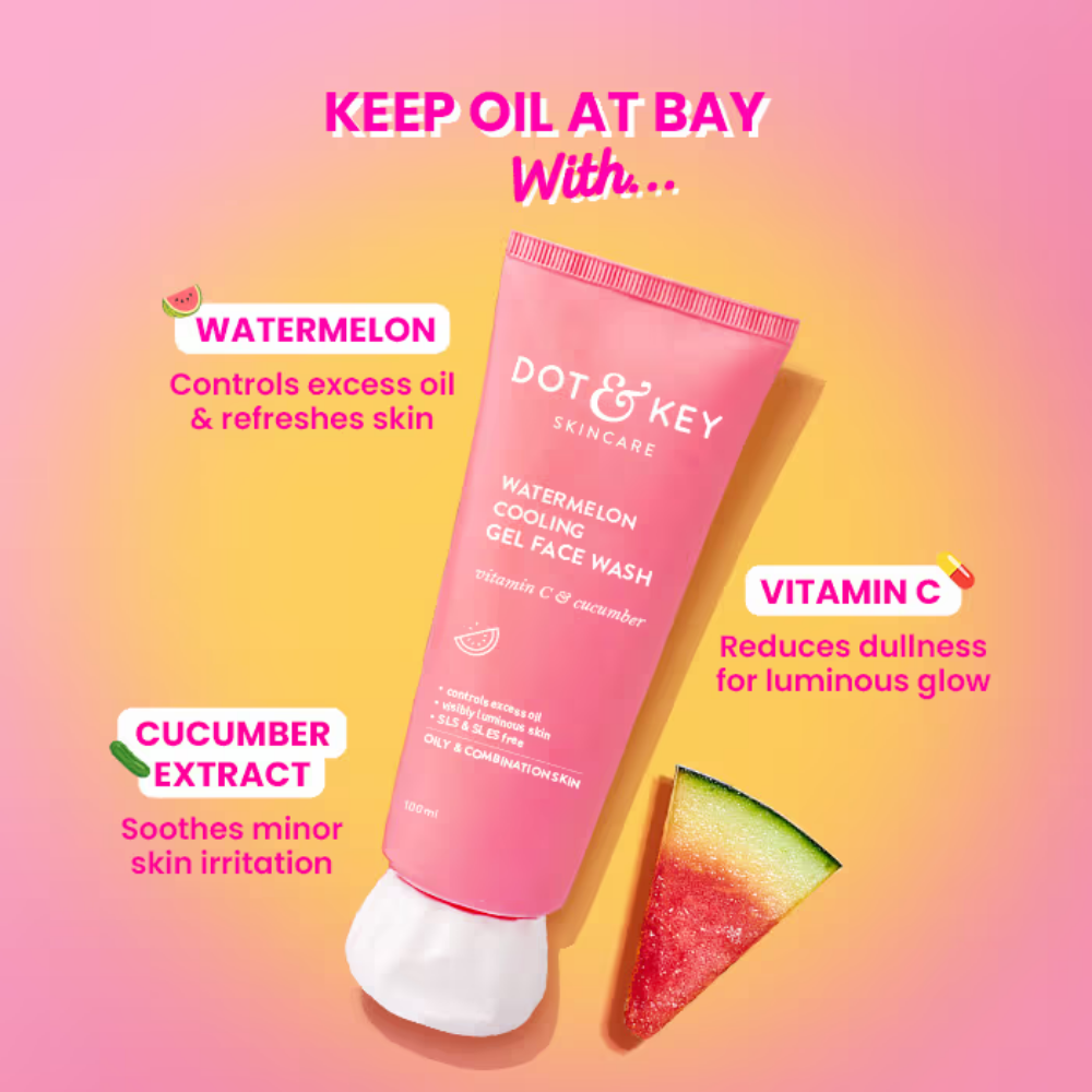 Dot & Key Watermelon Cooling Gel Face Wash, Vitamin C & Cucumber, Controls Excess Oil, Non-Drying