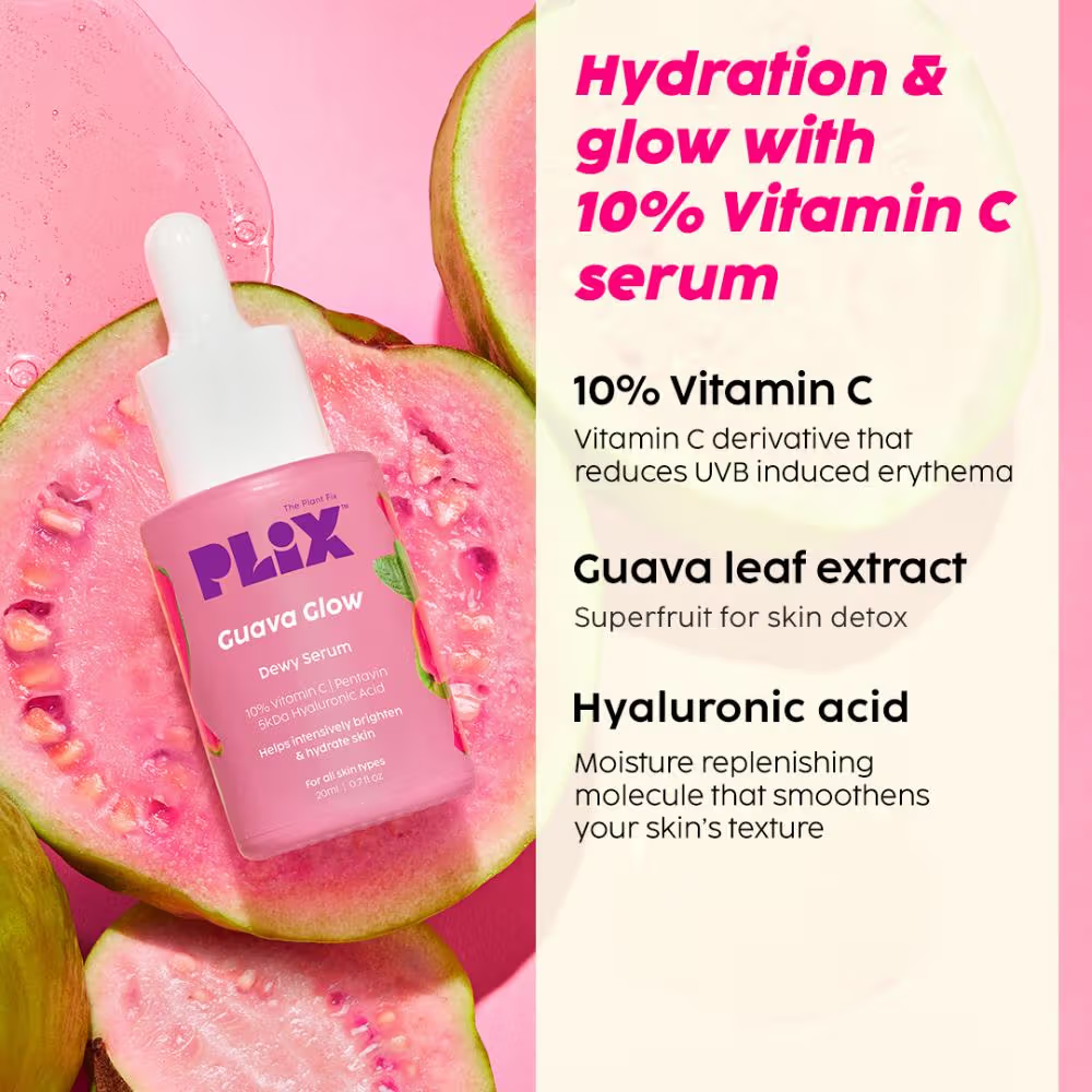 PLIX 10% Vitamin C Guava Face Serum for Skin Brightening & Even tone with Hyaluronic acid & Pentavitin