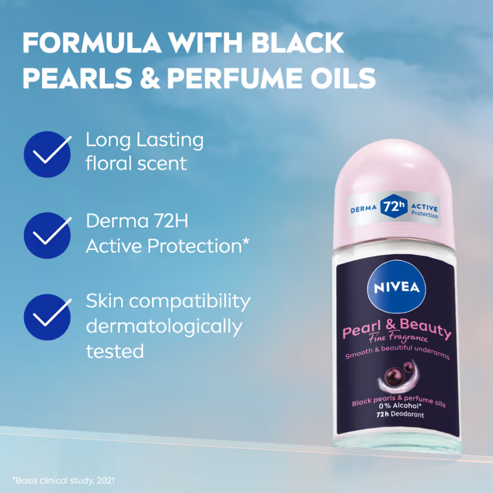 NIVEA Pearl & Beauty Fine Fragrance Deo Roll For Women, 72H Odor Protection, 0% Alcohol