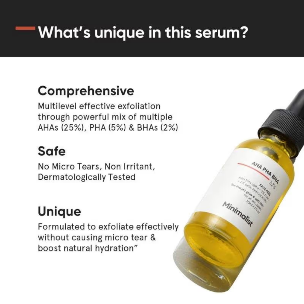 Minimalist 25% AHA + 5% PHA + 2% BHA Exfoliating Peel Solution For Instant Glow & Soft Skin