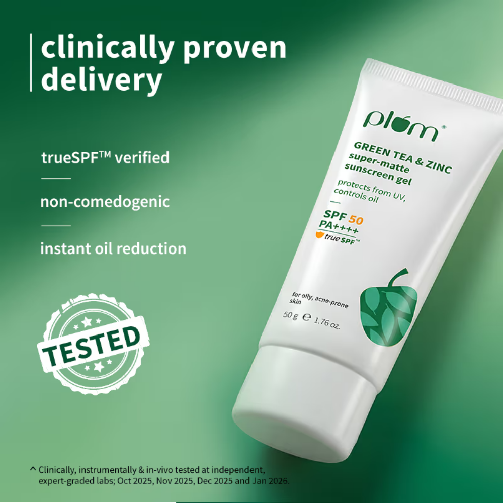 Plum Green Tea & Zinc Super-Matte SPF 50 Sunscreen Gel For Oily, Combination Skin, No White Cast