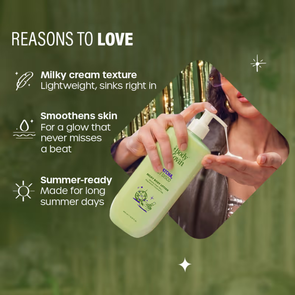 Plum BodyLovin’ Matcha, But Disco Milky Body Lotion, Calming Smoothening, Lactonic Matcha Fragrance