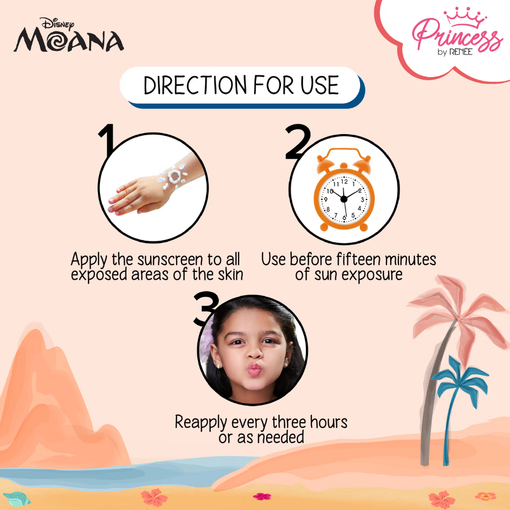 Princess by RENEE Disney Moana Sunscreen with SPF 50, Protects & Nourishes, Zero White Cast