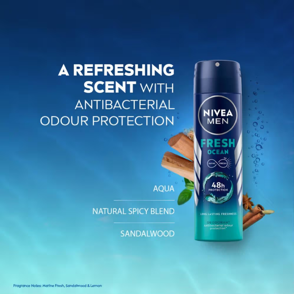 NIVEA MEN Deodorant, Fresh Ocean, 48h Long lasting Freshness with Fresh Aqua Scent