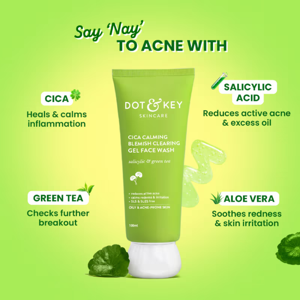 Dot & Key Cica Calming Blemish Clearing Gel Face Wash, Salicylic & Green Tea, Acne & Oil Control