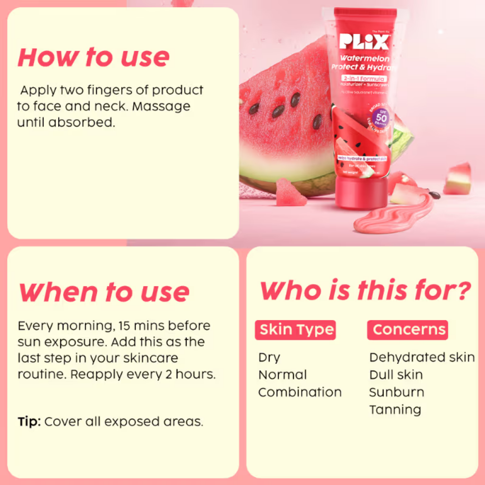 Plix Watermelon SPF PA++++ 50 Protect & Hydrate 2 In 1 Moisturizer + Sunscreen