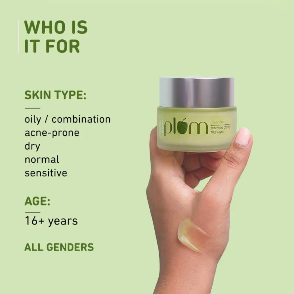 Plum Green Tea Night Gel Cream With Glycolic Acid, Fights Acne For Clear,Oil-Free,YouthfulSkin