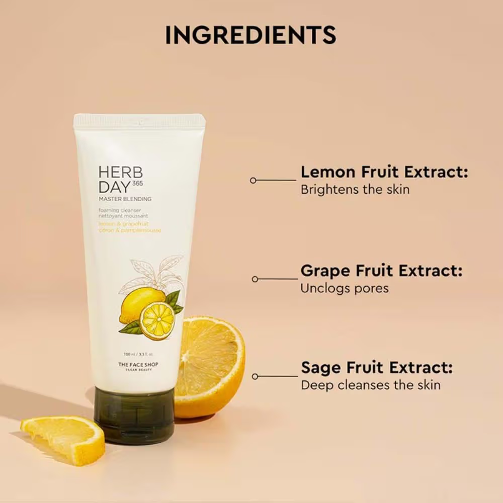 The Face Shop Herb Day 365 Cleanser - Korean Brightening Face Wash with Vitamin C for Oily Skin