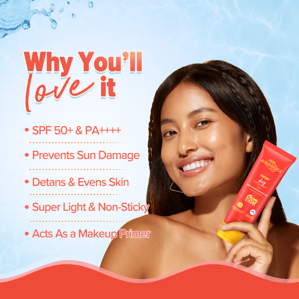 Aqualogica Detan+ Dewy Lightweight Sunscreen Gel SPF 50+ PA++++ for Normal & Dry Skin