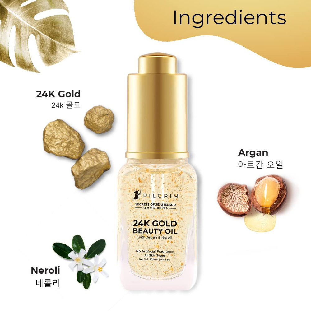 Pilgrim 24K Gold Beauty Oil for glowing skin, deep nourishing, anti aging, make up primer