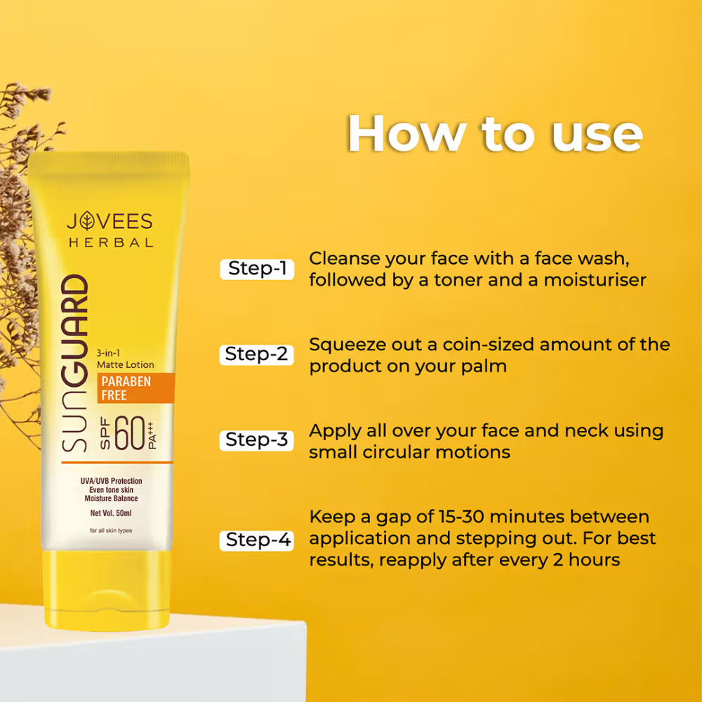 Jovees Herbal Sun Guard Lotion SPF 60 PA+++ 3 In 1 Matte Lotion UVA/UVB Protection Healthy Looking Skin