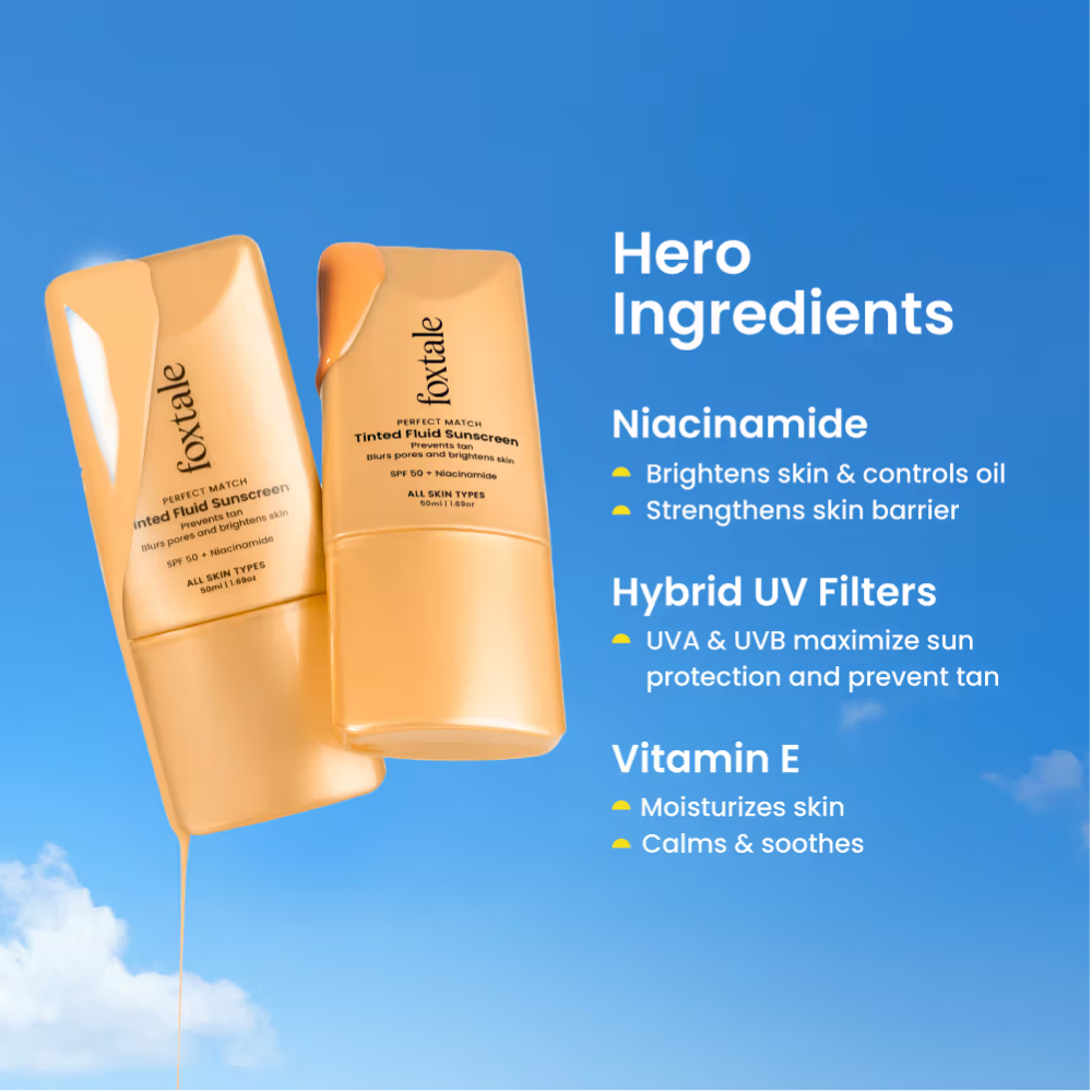 Foxtale SPF 50 PA+++ Tinted Fluid Sunscreen, Blurs Pores & Evens Skin Tone