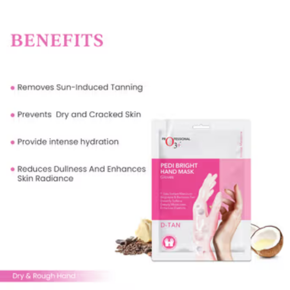 O3+ Pedi Bright Hand Mask Gloves for Instant Manicure - Brightens, Hydrates & Removes Tan