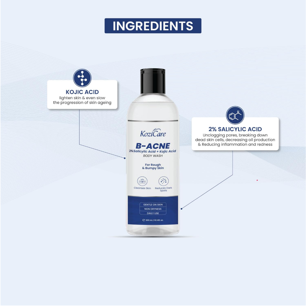 Kozicare Soap B - Acne Body Wash Gel | Kojic Acid Body Wash | Acne Shower Gel for Men & Women | Reduces Dark Spots, Cleanses Skin & Exfoliates Acne | Salicylic Acid Body Wash | For All Type of Skin