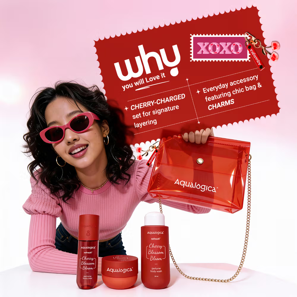 Aqualogica Cherry Blossom Bloom: Body Wash, Hydra Gel, Mist + Sling Bag & Charms Hot Girl Essentials