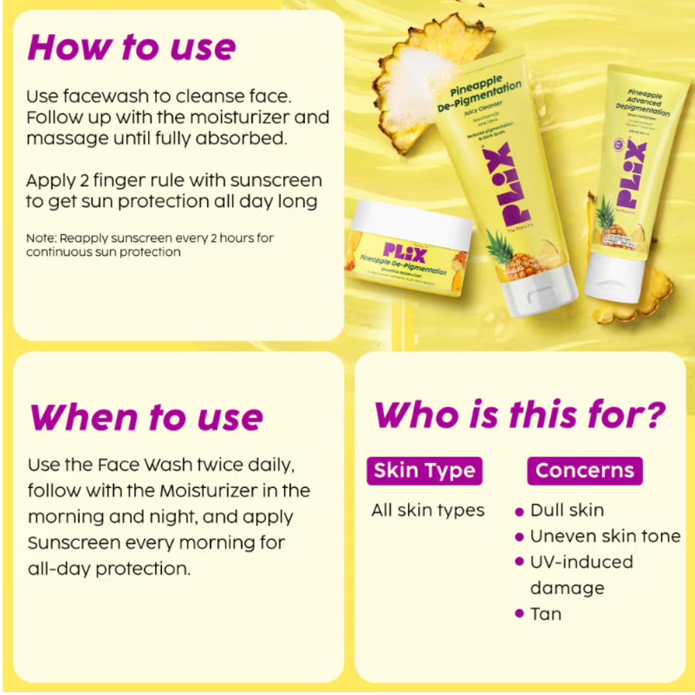 Plix Pineapple De-pigmentation Regime Facewash, Serum, Moisturizer & Sunscreen