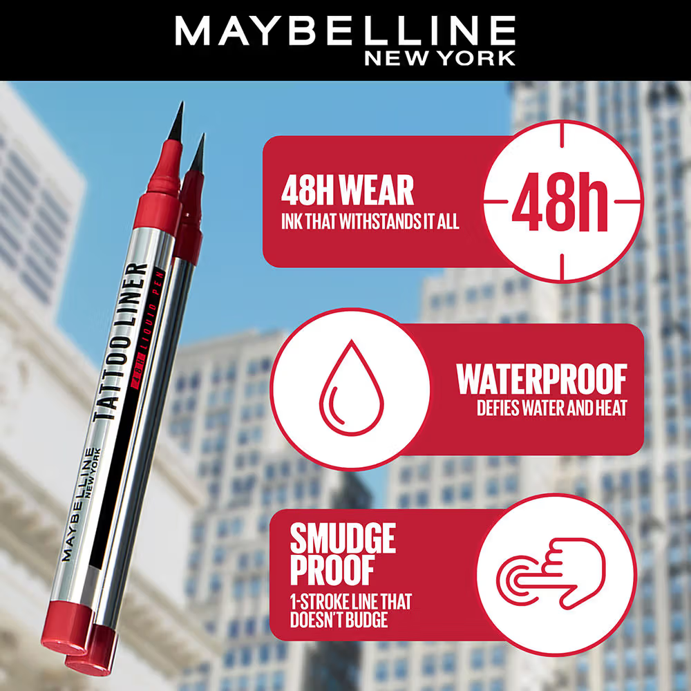Maybelline New York High Impact Tattoo Pen Liner, Lasts Up To 48H - Black, Water & Smudge-proof